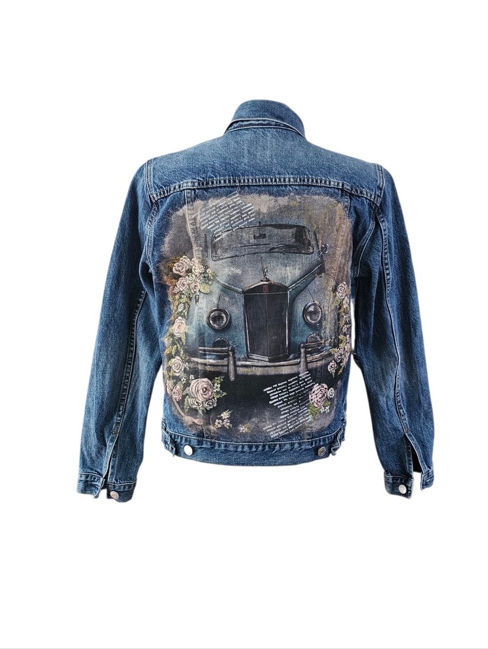 Mixed Media Vintage Car And Floral Jean Jacket - Picture 4 of 5